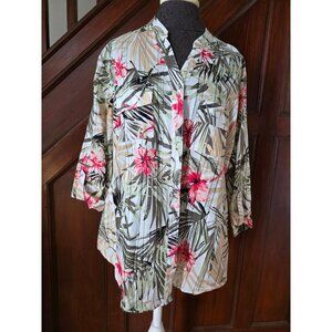 Alison Daley Womens Tropical Floral Button-Up Blouse Size 18 3/4 Roll-Tab Sleeve